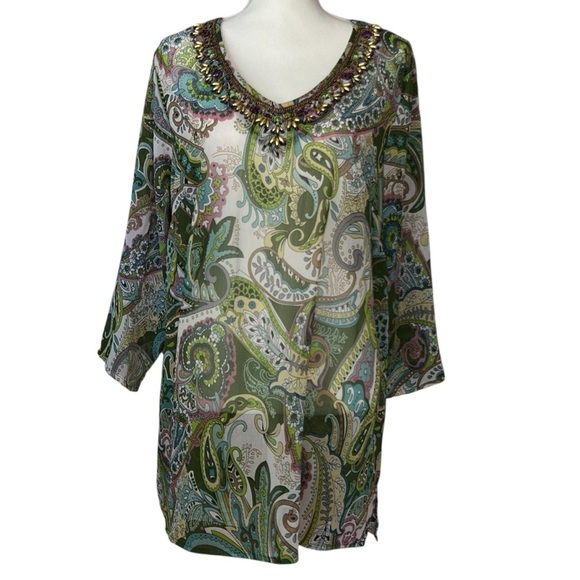 SUSAN GRAVER Multicolor Paisley Tunic Top Beaded Chiffon 3/4 Sleeve Boho Flowy L - Picture 1 of 10